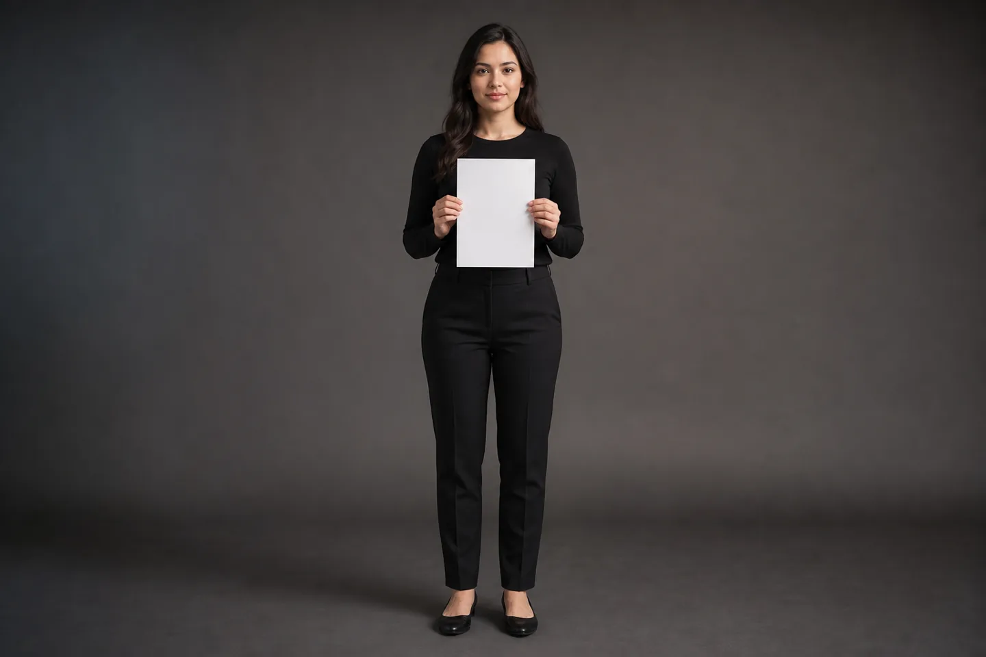 Fully clothed adult standing completely inside the camera frame and holding a blank paper note